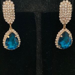 Gold with Rhinestones and Blue Teardrop Crystal Earrings